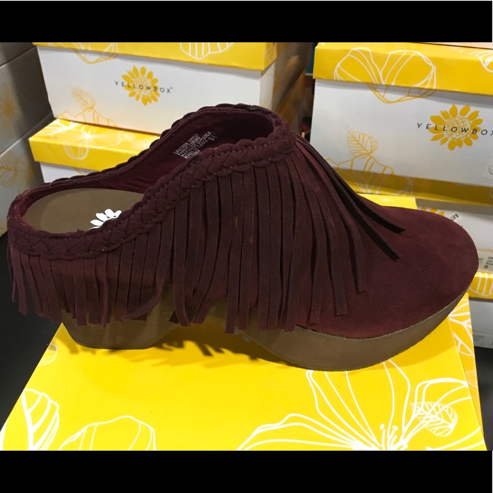 Yellow Box Maiden burgundy fringe clog